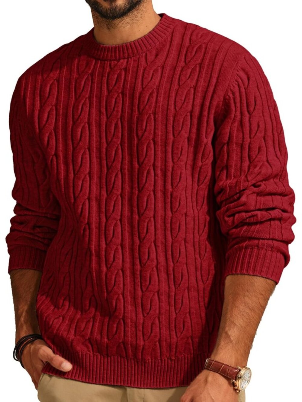 🆕Men's Red Cable Knit Crewneck Pullover Sweater Twist Textured Knit Casual